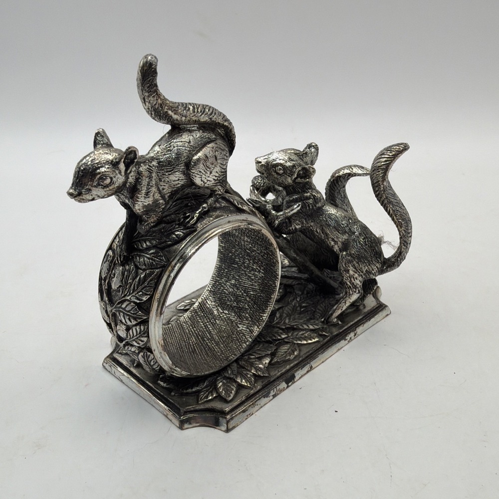 Franklin Mint Animals At Play Napkin Ring Silver Plate Squirrels Vintage 1977